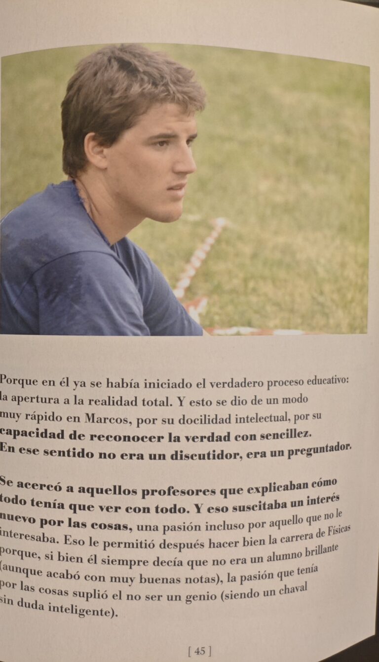 Page 45 of the catalogue: photograph of a young Marcos sitting on the grass, and continuation of the interview