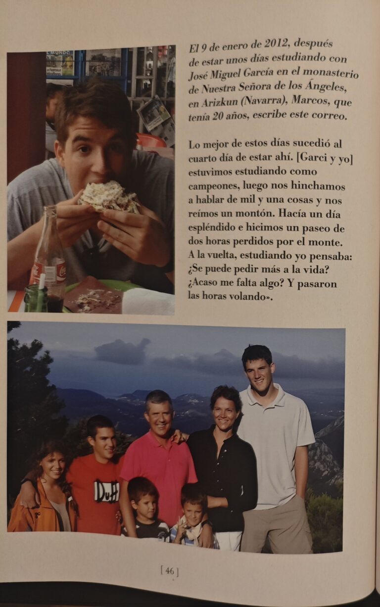 Page 46 of the catalogue: Marcos eating a sandwich, a group photo on a mountain and the beginning of an email he wrote in January 2012