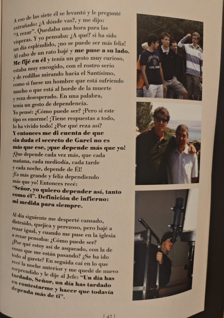 Page 47 of the catalogue: continuation of Marcos's email and three photographs of him with friends
