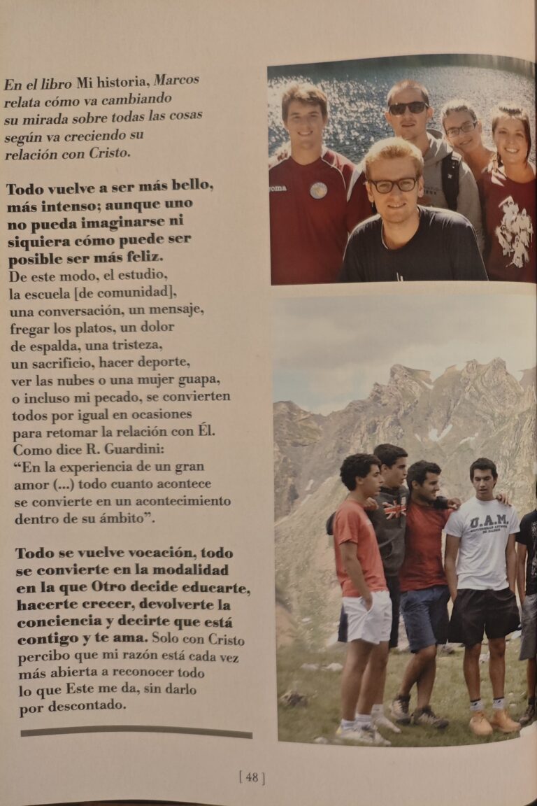 Page 48 of the catalogue: text on Marcos's relationship with Christ and photographs with friends on a mountain