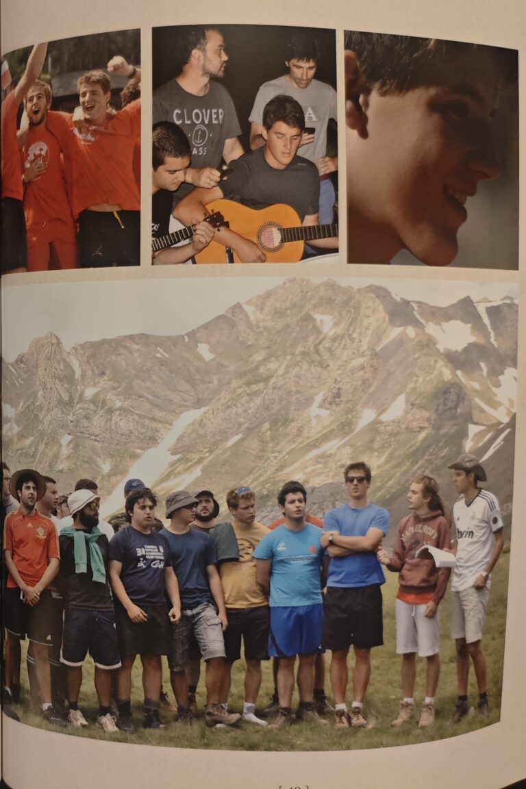 Page 49 of the catalogue: photographs of Marcos with friends, playing the guitar and on a mountain outing